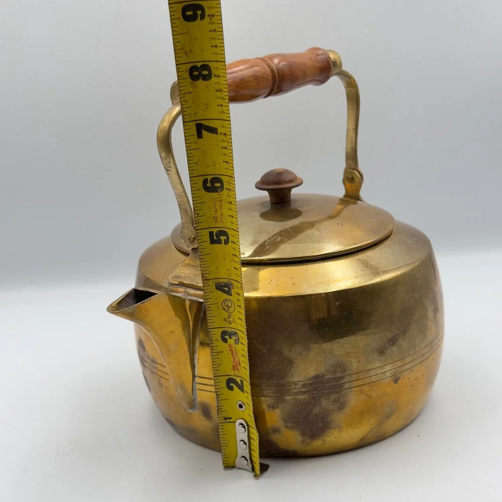 Vintage Solid Brass Decorative Tea Kettle Wood Handle Handmade India Patina 8in
